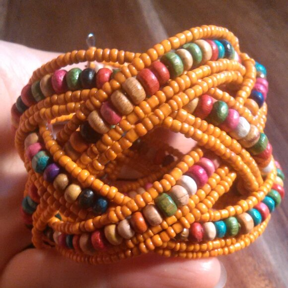 Orange Seed Bead and Multi-Color Bead Twisted Weave Cuff Bracelet - Picture 6 of 8